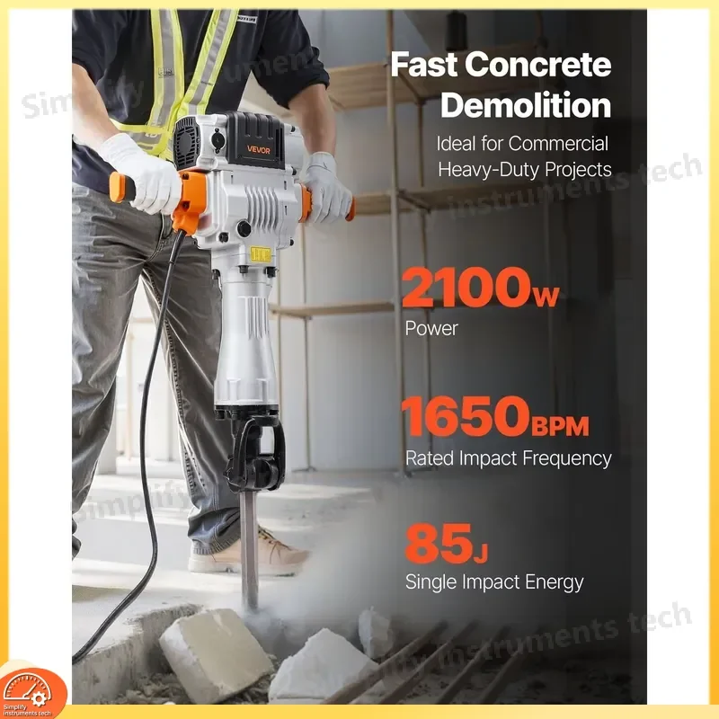 2100W Hammer Drill 1650 BPM Concrete Breaker with 2 Flat Chisel Bits Demolition Rotary Hammer for Masonry Brick