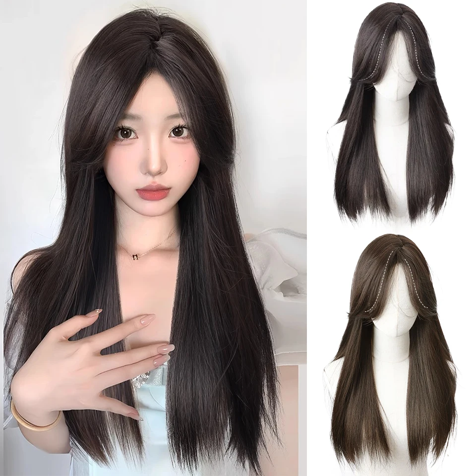 JINKAILI Synthetic Wig For Women Daily Black Long Straight Wig Cover Natural Fluffy Full Head Cover