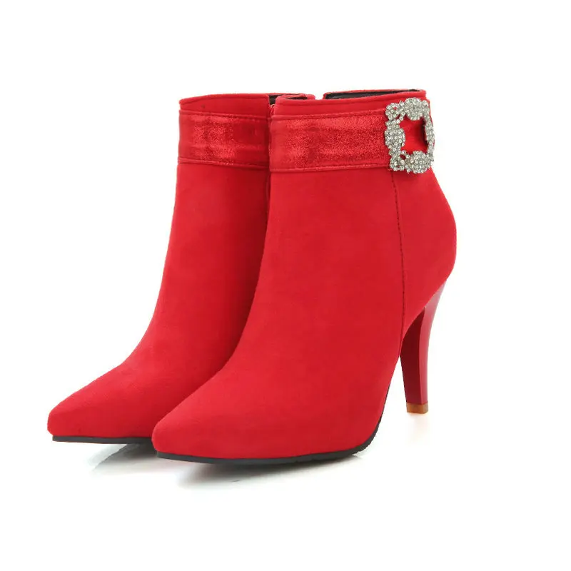 

Очень большие размеры 50, 51, 52, острый носок, искусственная замша, красный, черный, с кристаллами, с шипами, туфли на высоком каблуке-шпильке, короткие сапоги на щиколотке