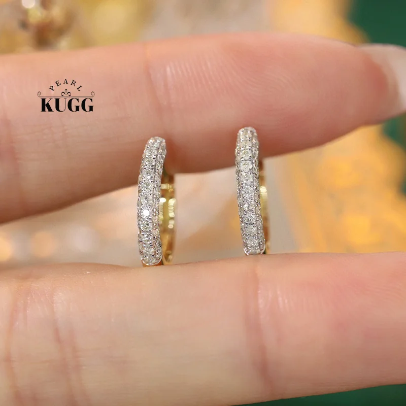 KUGG 100% 18K Yellow Gold Earrings  Fashion Shiny Design 0.56carat Real Natural Diamond Hoop Earrings for Women Party Jewelry