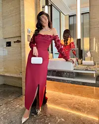 Luxury 3D Flowers Off the Shoulder Long Prom Dress Saudi Aribia Woman Satin Evening Dresses Formal Occasion Wedding Gowns