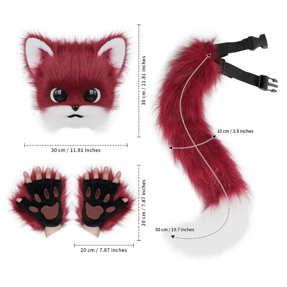 Fluffy Fur Tail Mask Gloves Cat Paws Hands Gloves And Wolf Therian Mask Set For Halloween Cosplay Costume Party Accessories