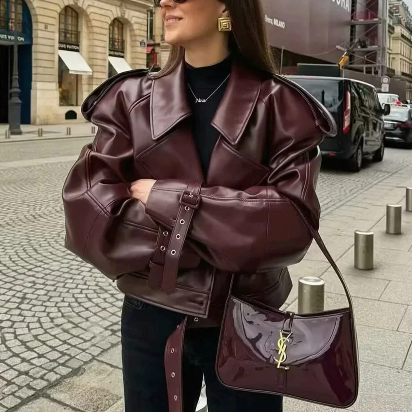 Hiver nouveau femmes coupe ample Biker Sle Long Sve col montant en cuir PU ort Jaet manteau fonctionnel Faion vêtements pour dames