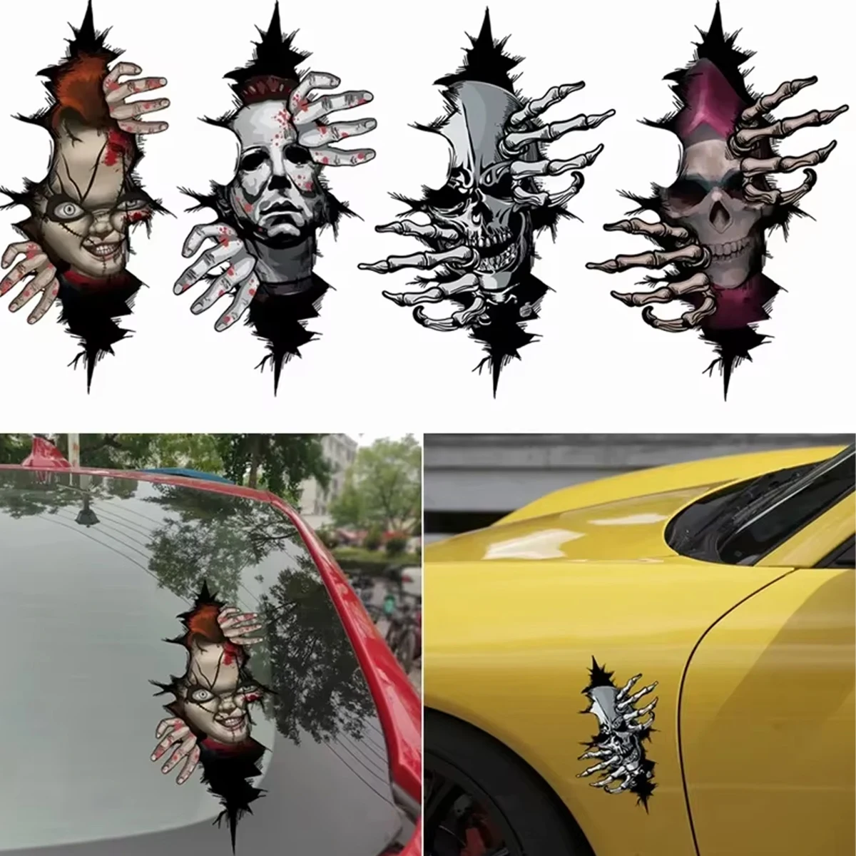 Tear Through Horror Skull Character Car Sticker, Scary 3D Simulation Vehicle Decor Decal