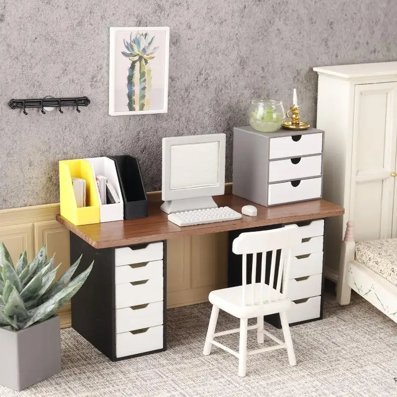 Hot Sale 1:12 Dollhouse Miniature Miniature Office Desk And Filing Cabinet Furniture Living Room Model Craft Decor Toys