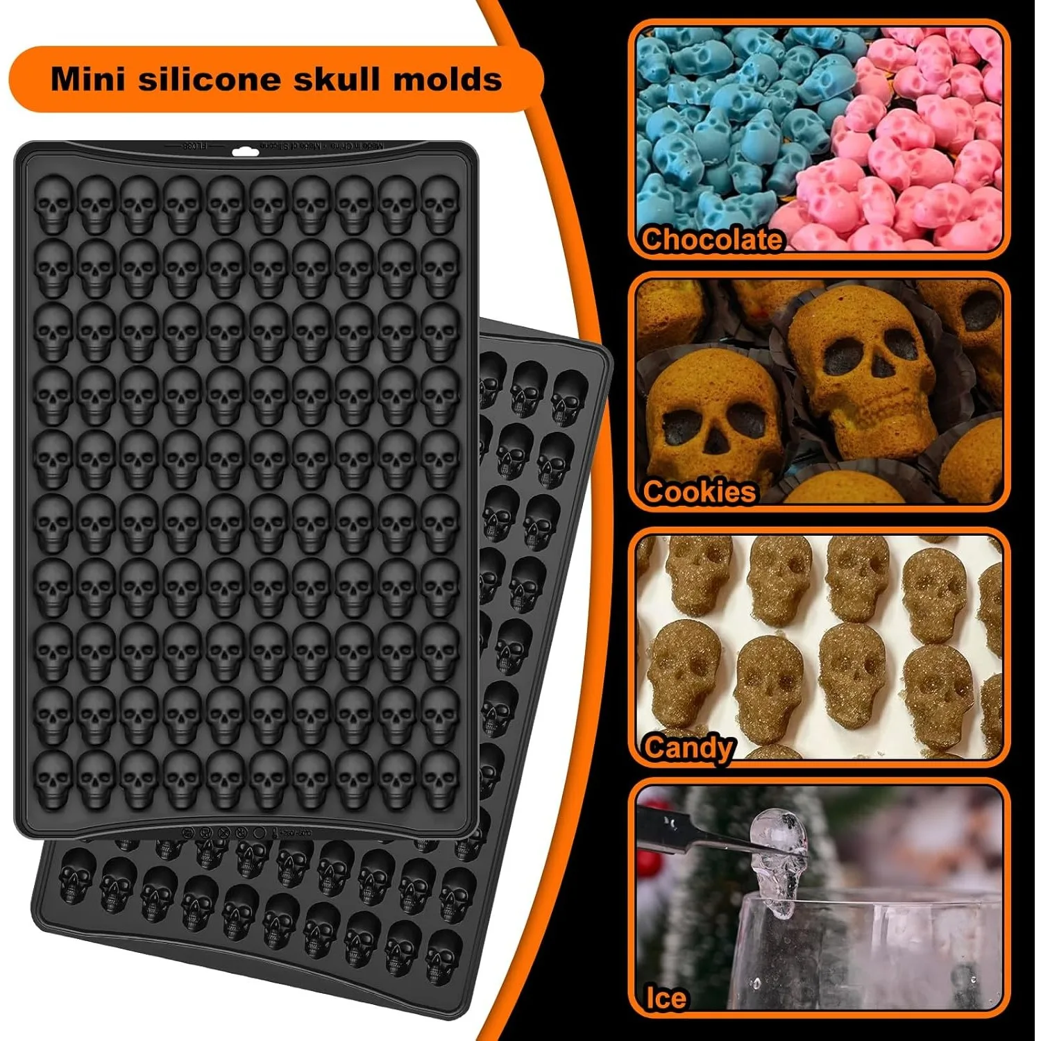 قوالب جمجمة صغيرة من السيليكون، 100 تجويف لجمجمة الهالوين والشوكولاتة قالب حلوى من السيليكون قوالب غائر صغيرة هيكل عظمي #6