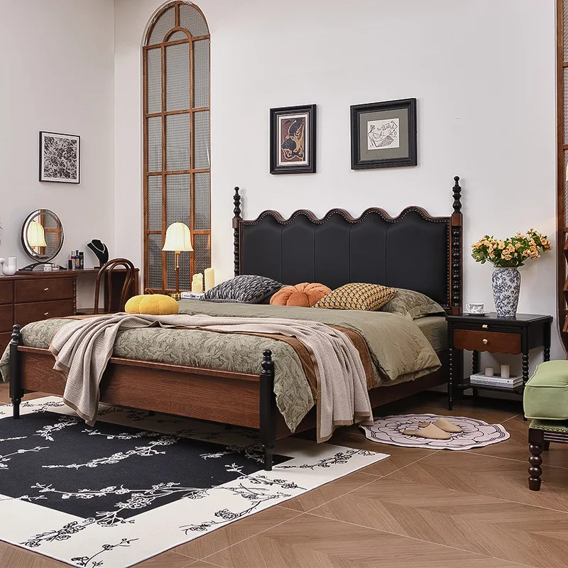 Retro ripple  solid wood  1.8 meters master bedroom queen  high-end leather bed