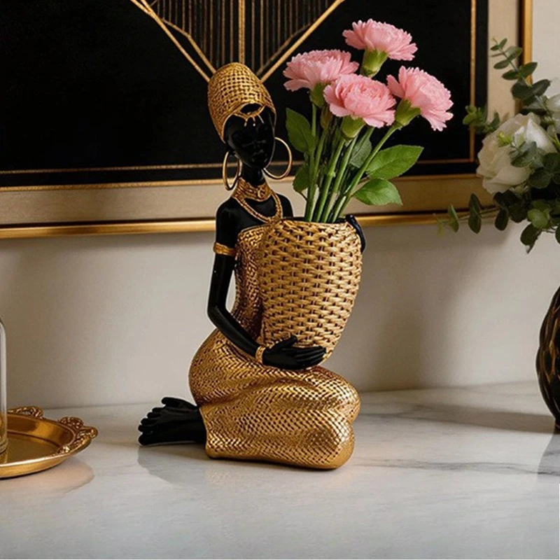 Resin African Woman Holding Vase Statue Retro Tribal Lady Sculpture Home Desktop Ornament Art Craft Decor for Bedroom Gift
