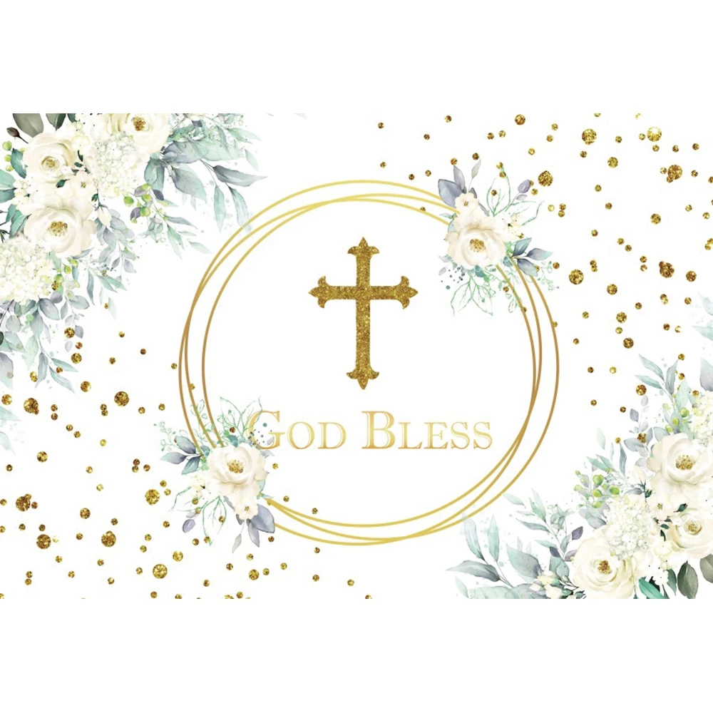 Boy Girl First Holy Communion Backdrops Catholic Theme Gold Cross Grail God Bless Kids Party Photographic Background Photo Props