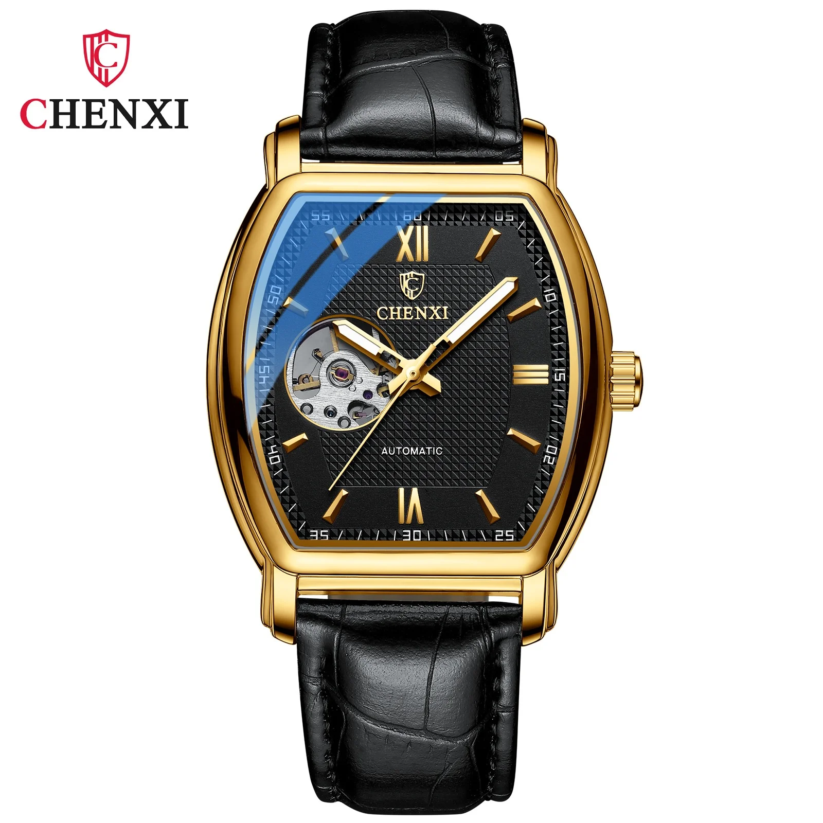 CHENXI 8815A Men\'s Mechanical Watch High End Full Automatic Fashion Square Hollow Out Waterproof Leather Strap Wrist Watches