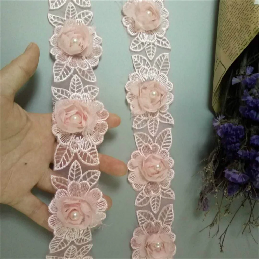 

2 Yard Soluble Pink Rose Flower Pearl Chiffon Embroidered Lace Trim Ribbon Fabric Handmade Vintage Wedding Dress Sewing Craft