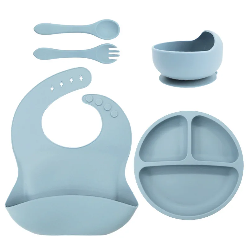 クロスボーダーベビー補助食食器シリコンプレートグリッドビブスプーンセット