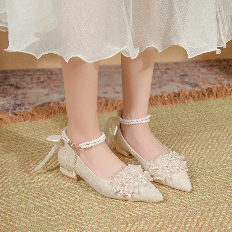 Autumn Women's Two-Wear Shallow-Heeled Pointed Single Shoe Comfortable Pearl Fresh Bridesmaid Engagement Women's Shoe