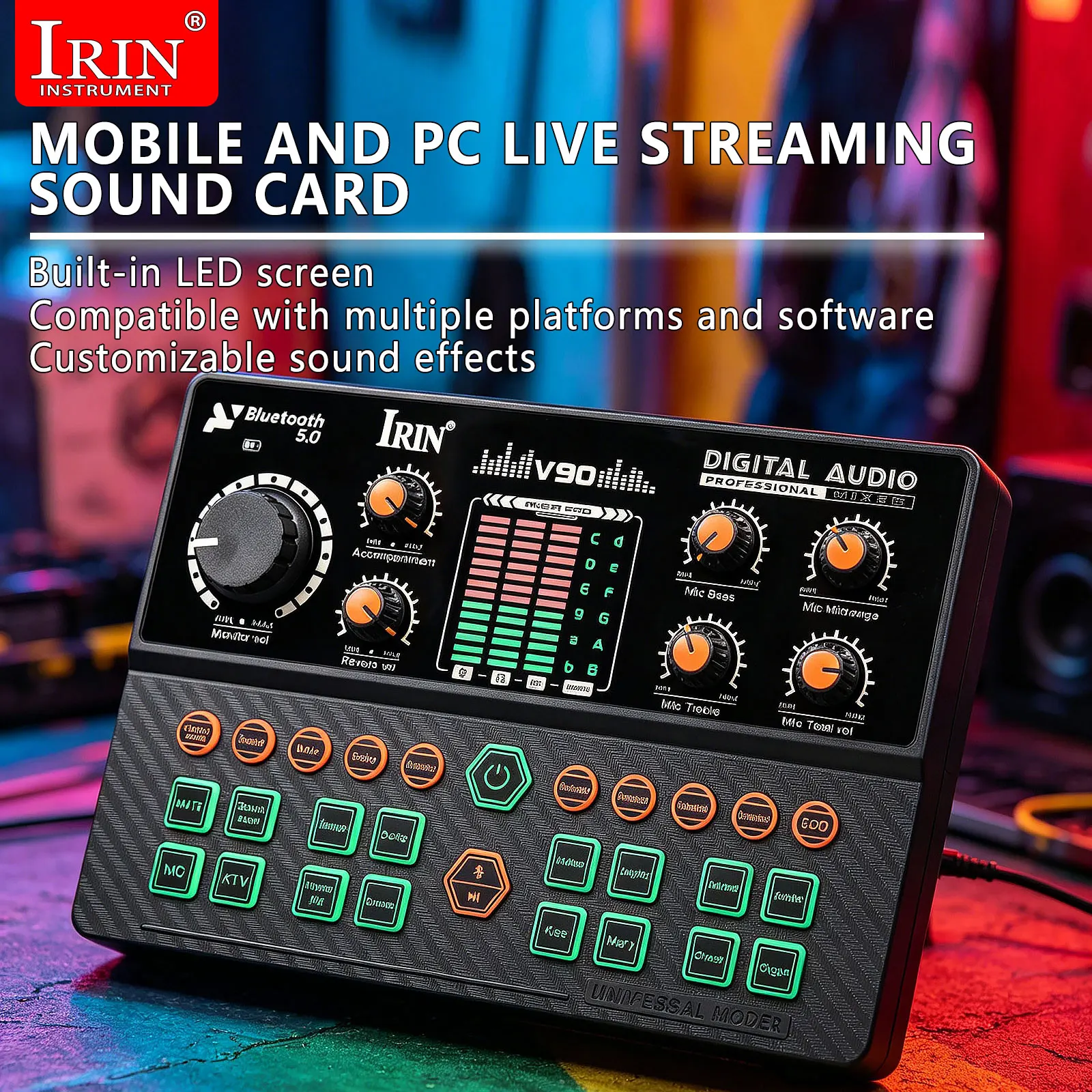 IRIN Sound Card Mixer Transformer Built in LED Screen Compatible with Multiple Platforms Software Custom Sound Mixing Console