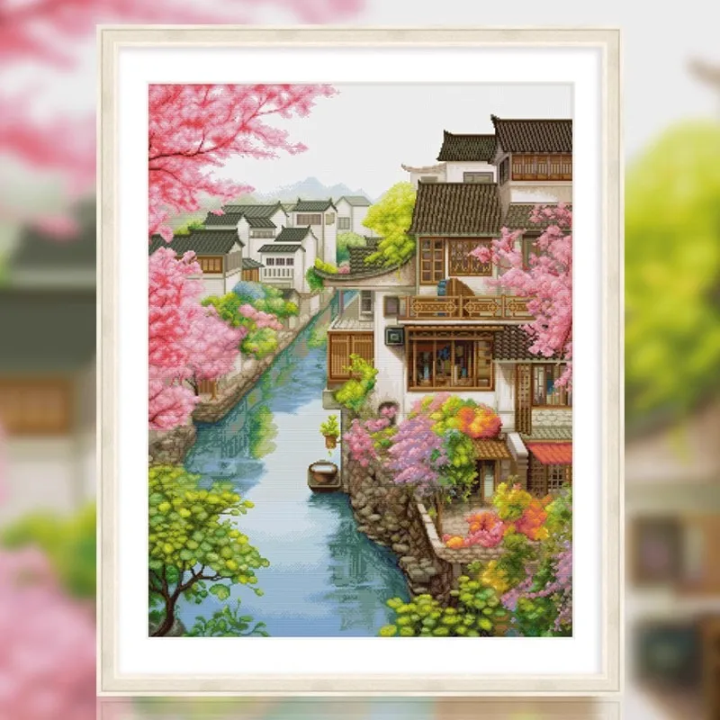 11CT 14CT Jiangnan Water Town Embroidery DIY Chinese Style Printed Kits Cross Stitch Needlework Sets Home Decor Crafts 90 Colors