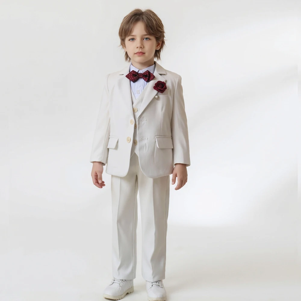 

2-10 Year Elegant White 4-Piece Formal Suit Set for Boys - Blazer Pants Vest Tie Bow Perfect for Wedding School Performance
