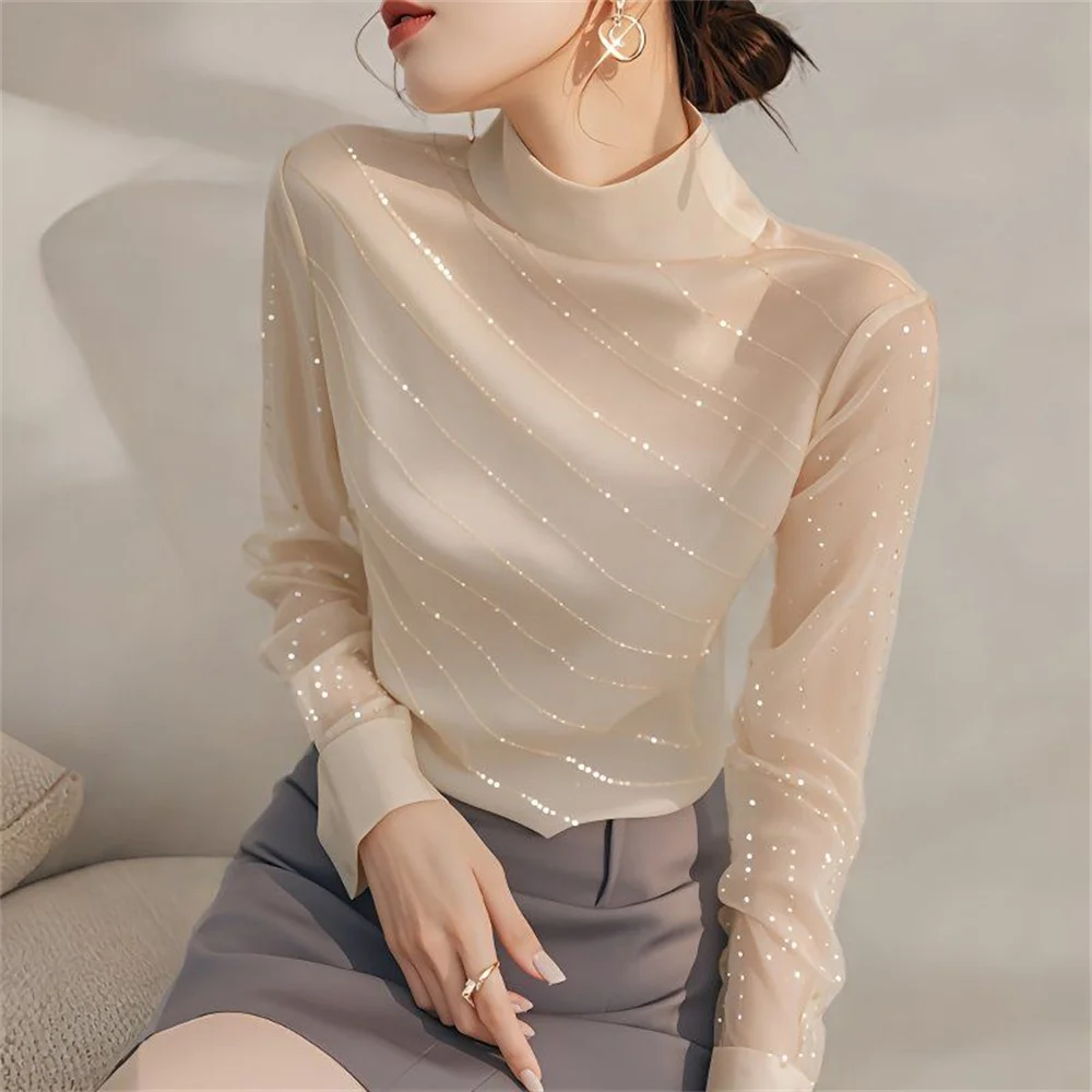 

Ранняя осень-зима, новая модная однотонная нижняя рубашка с высоким воротником и длинными рукавами, женская одежда, корейские универсальные свободные топы