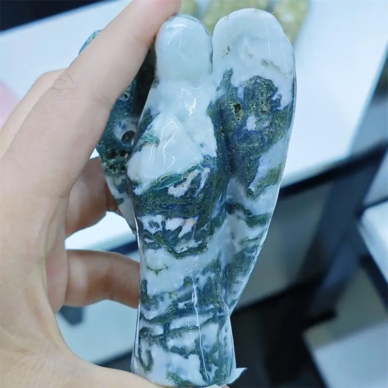 Natural Moss Agate Angel Carving Small Healing Fengshui Crystal Gemstone Carved Sculpture Collection Gift 1pcs