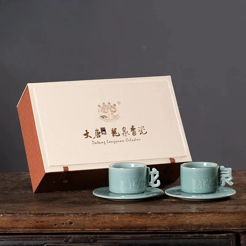 160ml Handmade Longquan Celadon Coffee Mug With Plate Hot Chocolate Cup Tea Pair Afternoon Tea Mug Cup Saucer Kit Drinkware Gift