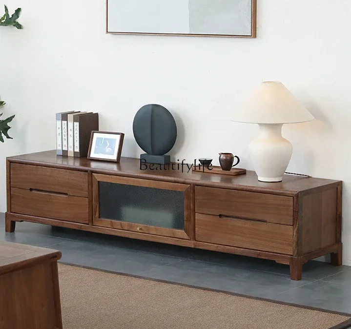

13New Chinese Style Black Walnut Solid Wood Coffee Table TV Cabinet Combination Wall Cabinet Multi-Functional Floor Cabinet