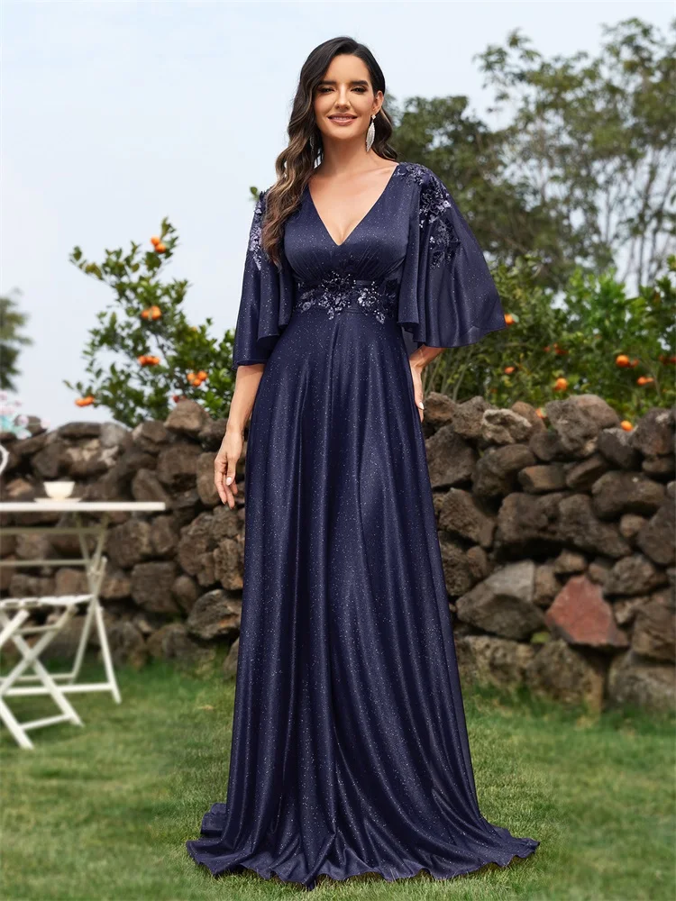 Lucyinlove Elegant Shining Short sleeve Navy Formal Evening Dress Long 2024 Luxury Women Wedding Party Dress Cocktail Prom Gowns