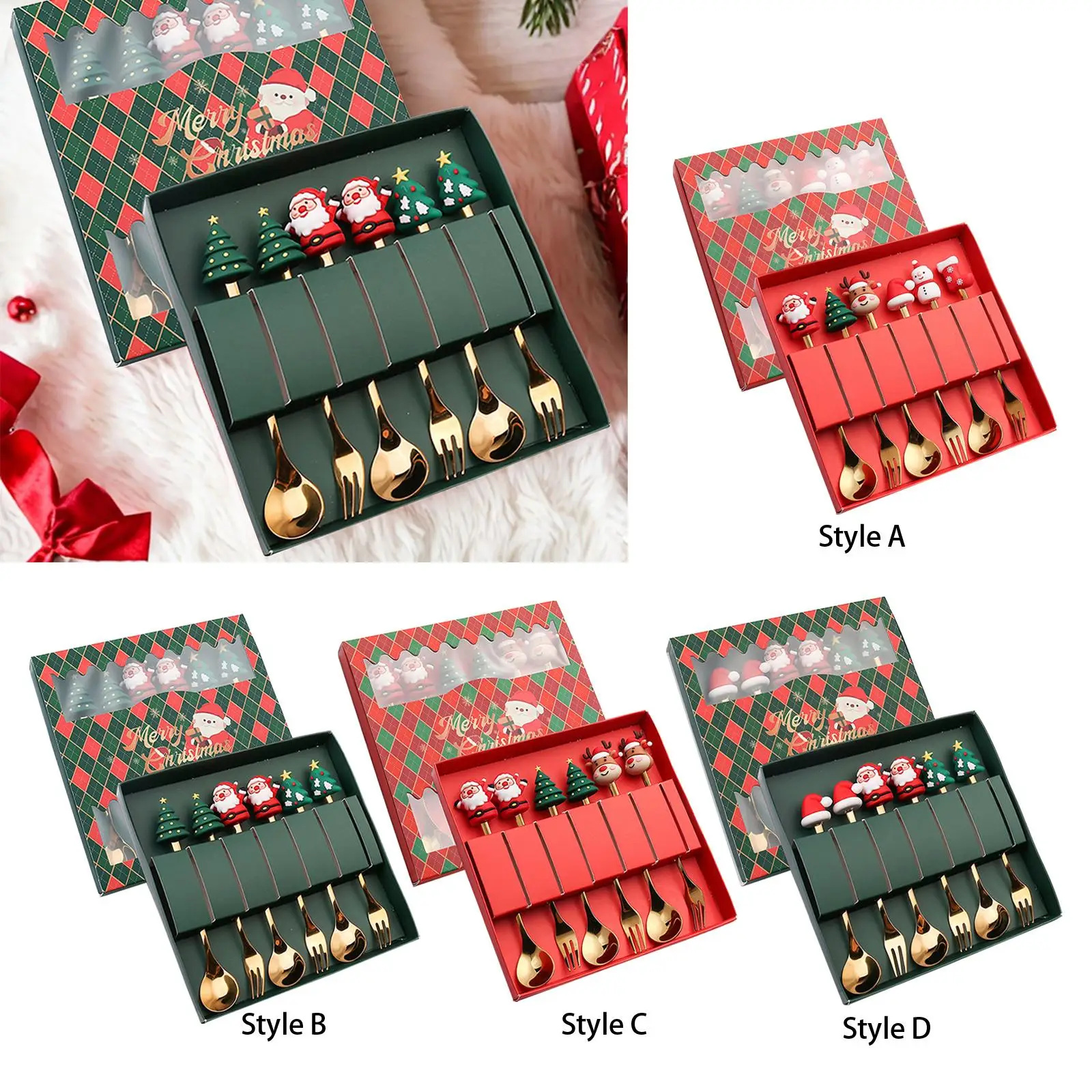 6Pcs Christmas Spoons Forks Set Multipurpose Stainless Steel Dessert Spoons