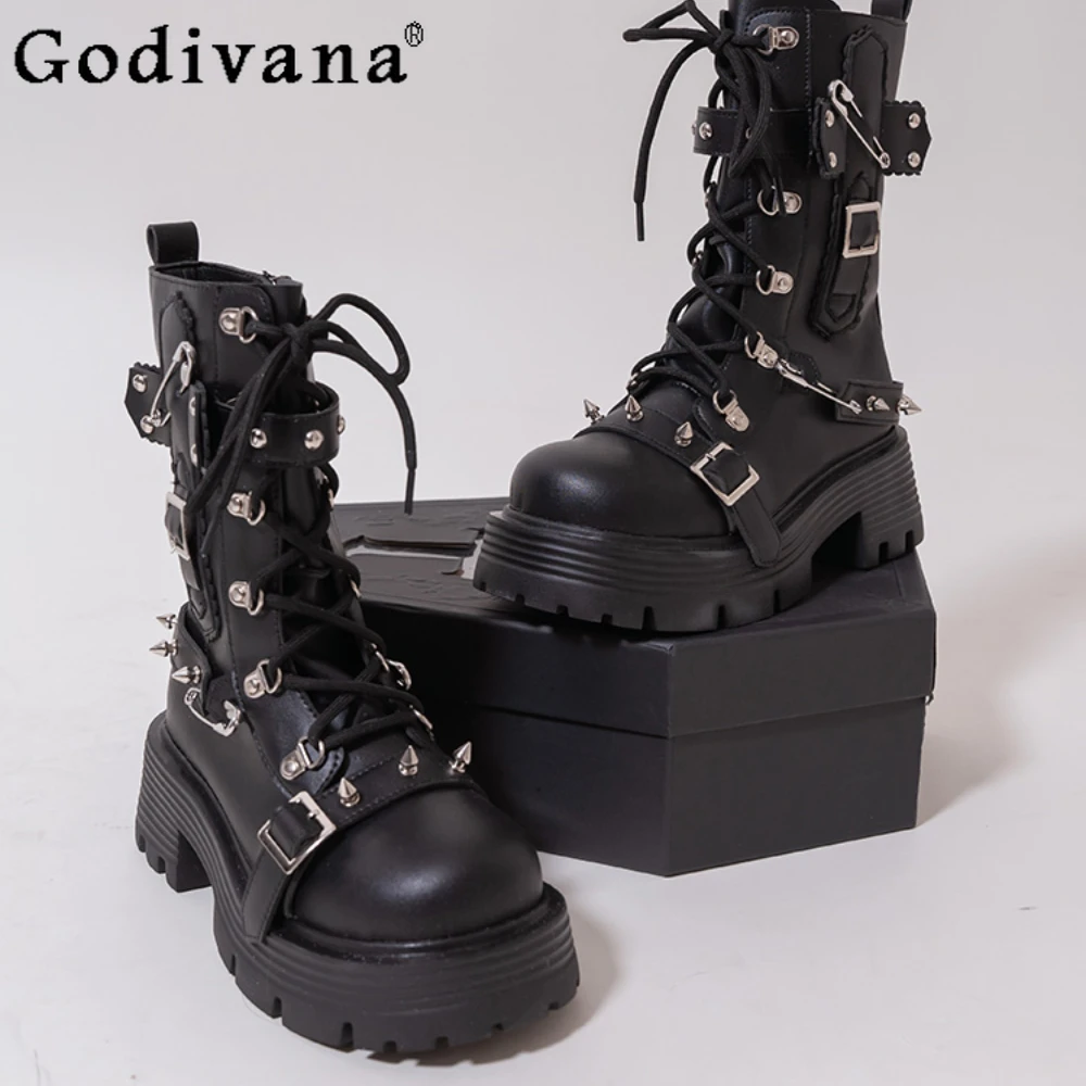 Lolita High Heel Thick Sole Heightening Short Boots Spring Autumn Jk Fashion Women's Boot Black Rivet Waterproof Shoes