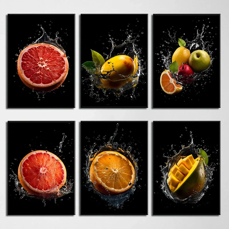 Multiple sizes 1pc frameless Canvas Painting,1pc frameless Canvas Painting Lemon Orange Mango Grapes Pear Fruits Water Splash Po
