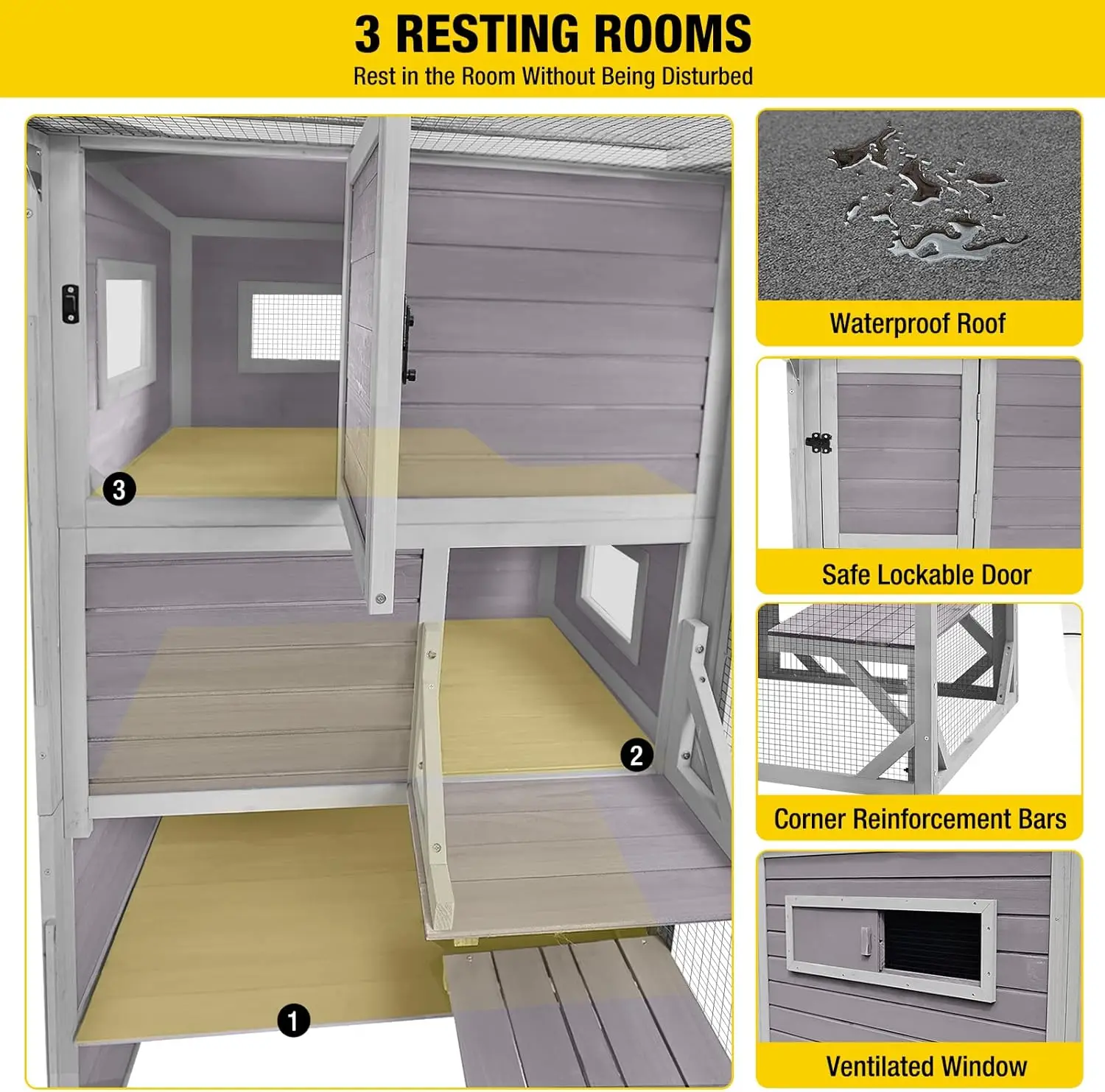 Catio grande para gatos de 4 niveles, casa para gatos de interior y exterior con techo resistente a la intemperie, 3 habitaciones de descanso, 3 plataformas, 5 ventanas