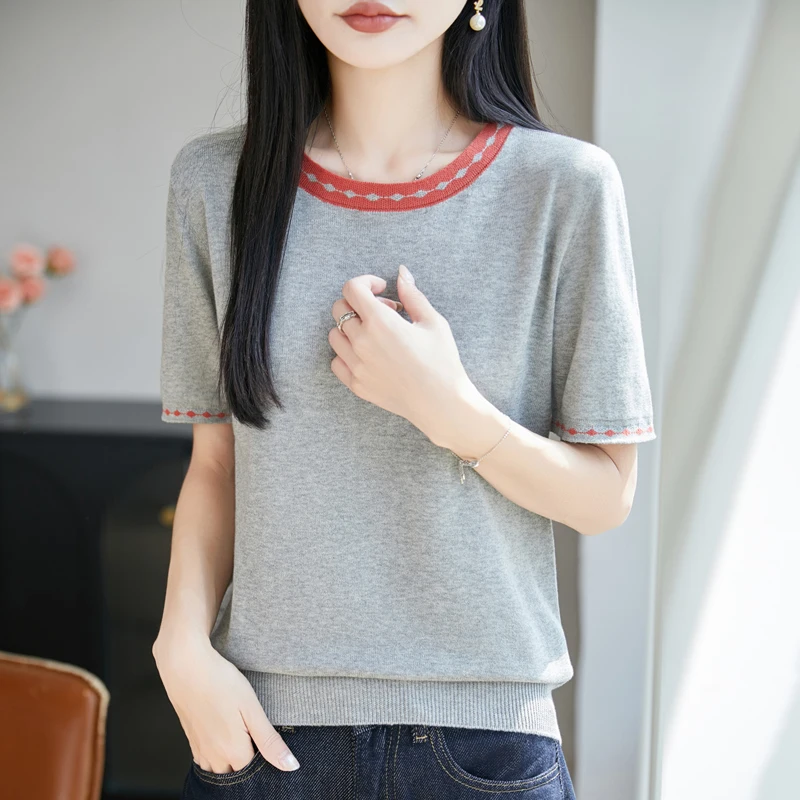 

Round-Neck Jacquard Women'S 100% Cotton T-Shirt Summer Fashion Diamond-Knit Short-Sleeve Casual Versatile Top For Women