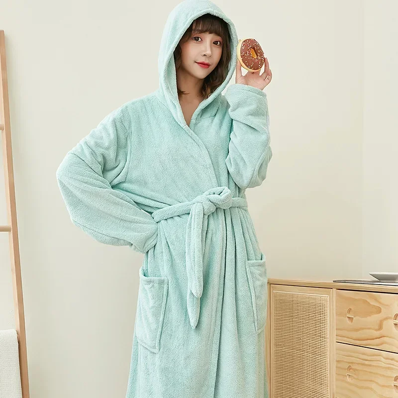 Coral Velvet Bathrobes for Women Long with Hood Autumn Winter Solid Plush Microfiber Bath Robe Sleepwear Home Bathroom Clothes