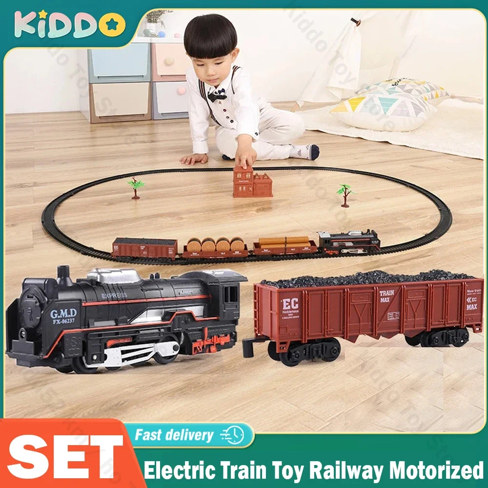 

Classic Electric Train Toy Railway Motorized Train DIY Track Railway Locomotive Set Simulation Model Electrique Toy for Kids