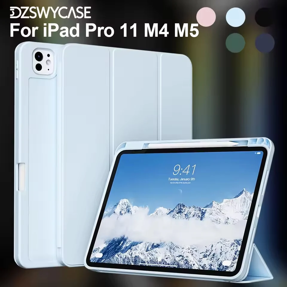 Étui pour iPad Pro M4 11 pouces 2024, Pro 11 M5 2025 avec support pour stylet, support pliable et coque en TPU souple, réveil/veille automatique