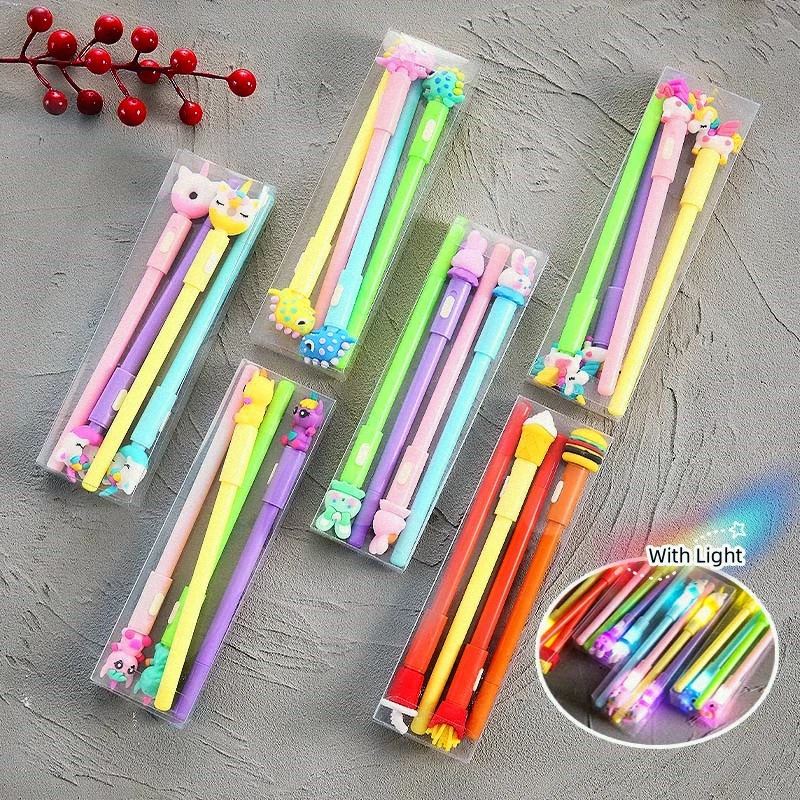 4 Stuks Kawaii Cartoon Lampjes Pen Schattige Gloeiende Dinosaurus Eenhoorn Konijnengel Pennen 0.5Mm Zwarte Schoolbenodigdheden Voor Kinderen Cadeau