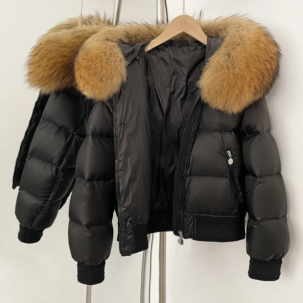 Пушистая куртка-пуховик из натурального меха енота, женская вязаная куртка с воротником из натурального меха, белое пальто на утином пуху, зимний топ