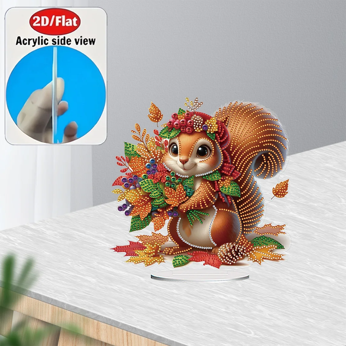 2D / Flat 1pc Autumn Squirrel Acrylic Welcome Plaque Diamond Painting Desktop Ornament Set, Shiny Wall Decor, Holiday Gift