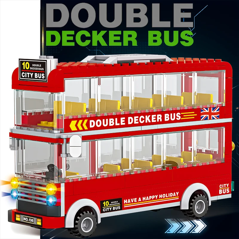 Double decker Hong Kong red bus sightseeing passenger coach fit together building block for boys and girls puzzle bus toy car