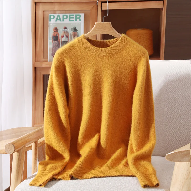 Otoño Invierno suéter pulóver ropa de mujer 100% suéter de cachemira de visón pulóver cuello redondo básico manga larga cálido polar tejido
