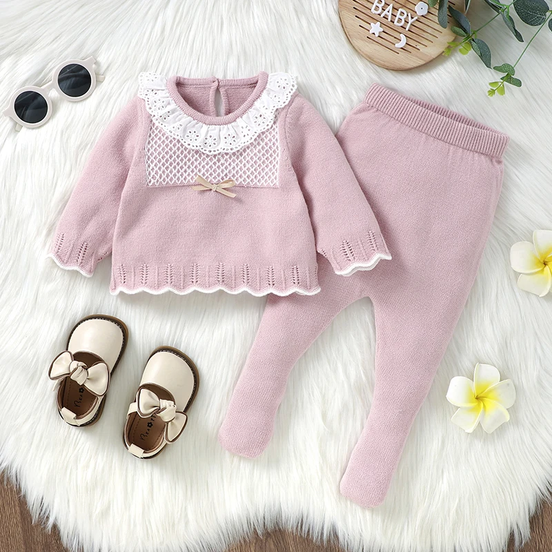 0-9M Infant Girls Clothes Autumn and Winter Newborn Baby Pink Long Sleeves Sweaters Pullovers+Trousers Outfits Sets Toddler Wear