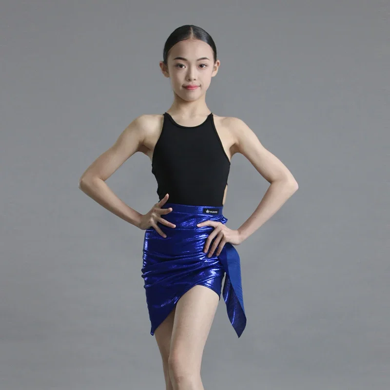 

Children Latin Dance Dress Royal Blue Sparkling Fabric Skirt Black Backless Top Girls Dancing Costume Performance Wear
