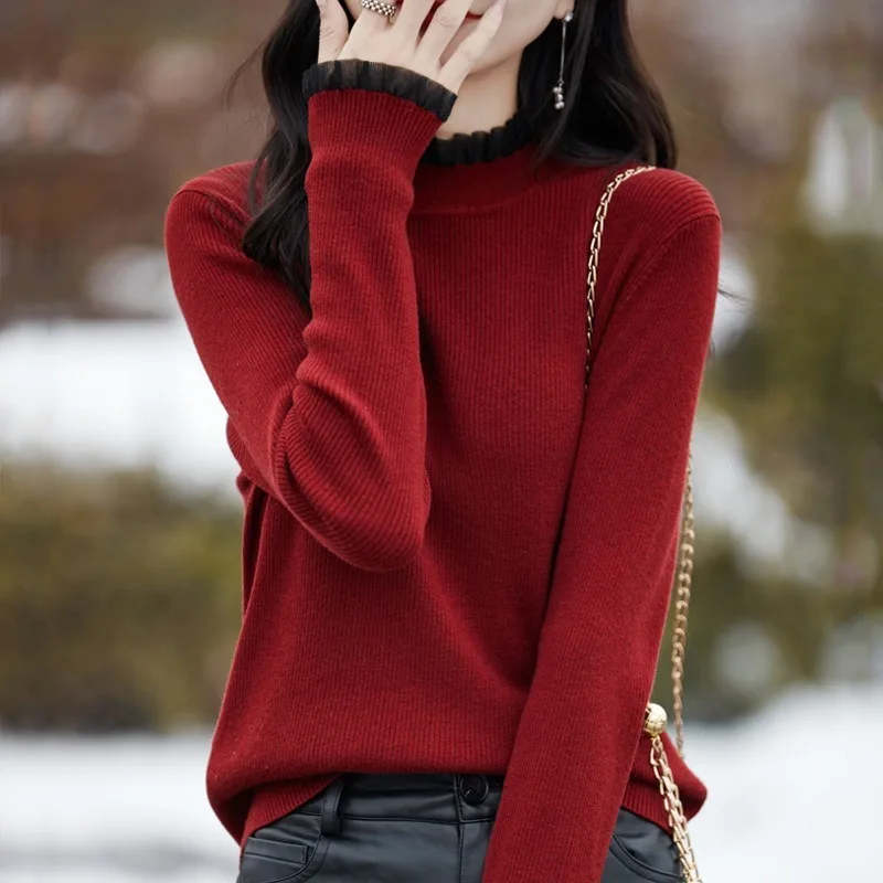 Women Mock Neck Knit Top Faux Wool Lace Trim Elegant Long Sleeve Pullover