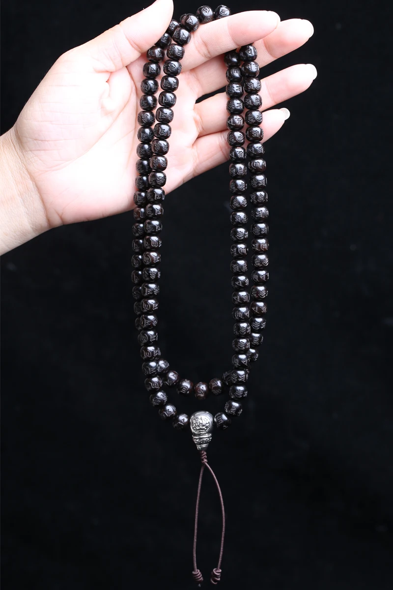 Natürliche Ebenholz tibetisch-buddhistische Gebetsmühle Mantra Perlen 8 mm x 9 mm 108 Perlen MALA Halskette – Detail 3