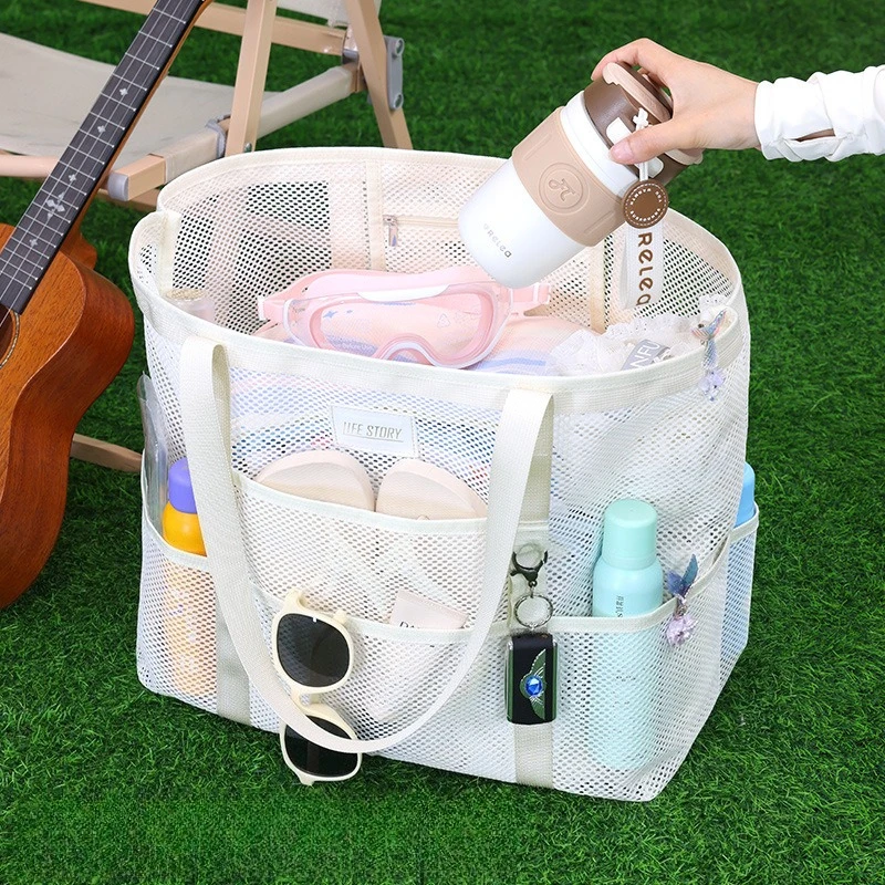 Breathable Mesh Beach Bag with Multiple Storage Pockets Oversized Quick Dry Waterproof Shoulder Tote for Summer Outdoor Sports
