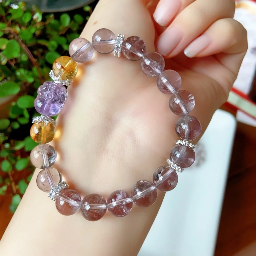 10mm Natural Clear Quartz And Amethyst Pixiu Bead Bracelet Gemstone Fashion Crystal Healing For Women Jewelry Wrist Gift 1PCS