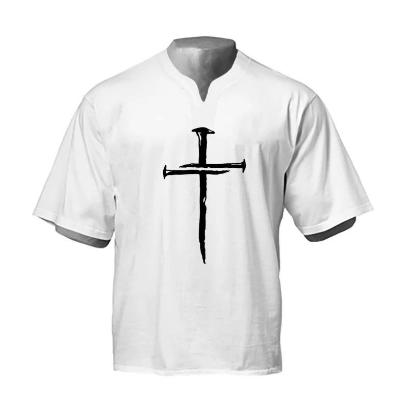 Gym Bodybuilding Fitness Loose Short Sleeve T-Shirts Men Oversized Personalized Cross Print Shirts Summer Cotton Breathbale Tops