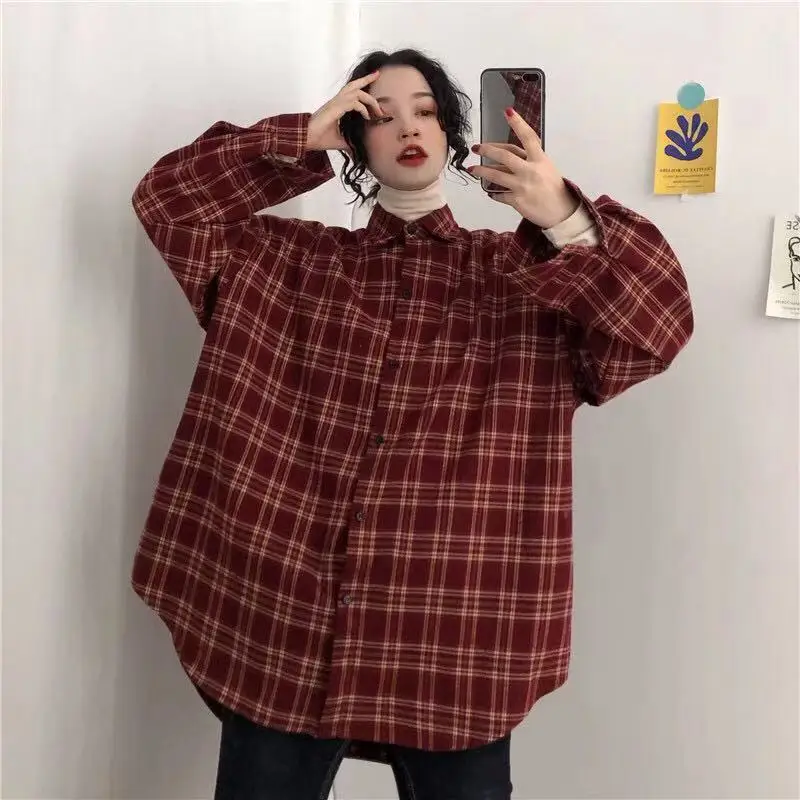 Shirts Women Long Sleeve Oversize Plaid Loose Shirt Students Vintage All-match Japanese Style Harajuku Blouses Casual Elegant