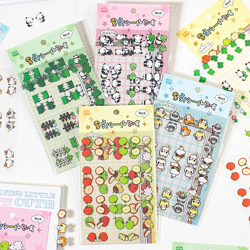 4pcs/set Funny Creative Design Cartoon Index Sticky Note Retro Kawaii Kitten Fruit Scrapbook Journaling Sticker Reading Book Tab