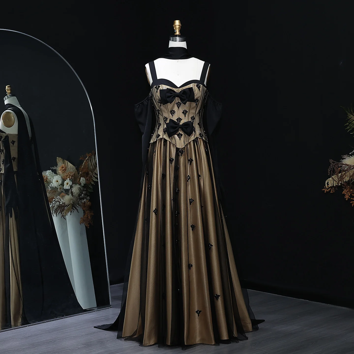 

Sharon Said Luxury Black Nude A-Line Evening Dress With Gloves Scarf Dubai for Women Wedding Formal Prom Gown SF241 Customized