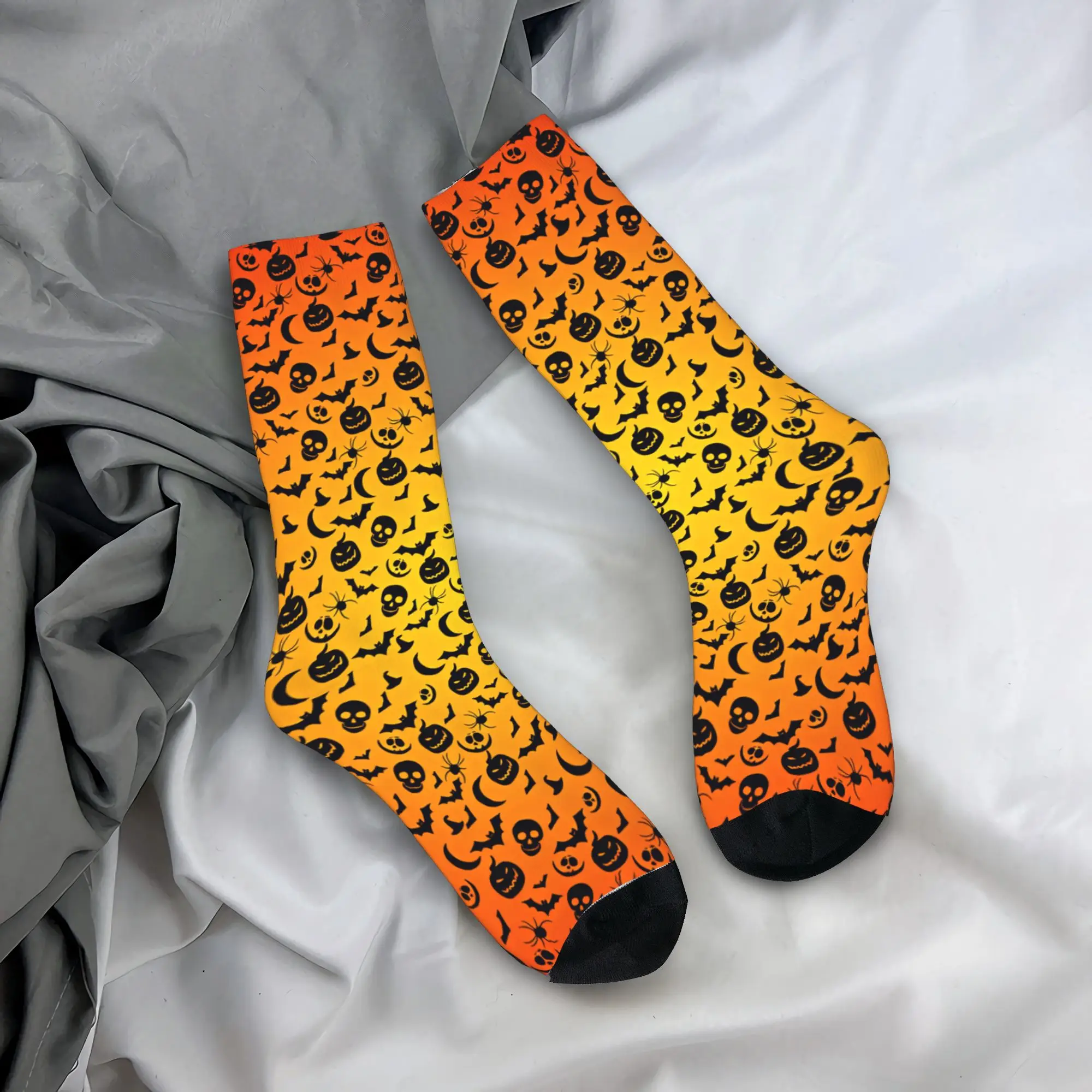 Men Socks Halloween Pumpkin Skull Bat Spider Moon Silhouette Seamless Pattern Orange Gradient  Stockings Winter Quality Socks