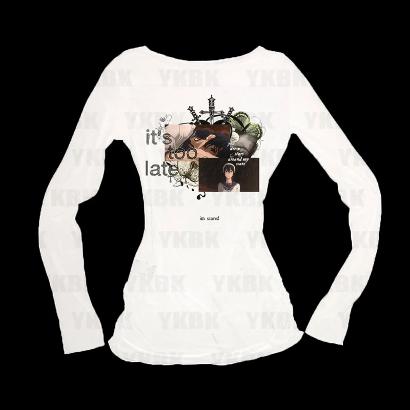

Kawaii Girls Long-sleeve Print Anime Tees Y2k Slim Fit Fashion Tops Streetwear Women Harajuku Retro 90s Casual Punk Baby Gothic